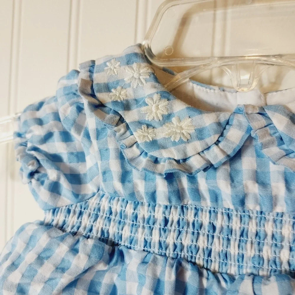 Tahari Gingham Dress Kids 3-6M Blue Smocked Peter Pan Collar Floral Embroidered
